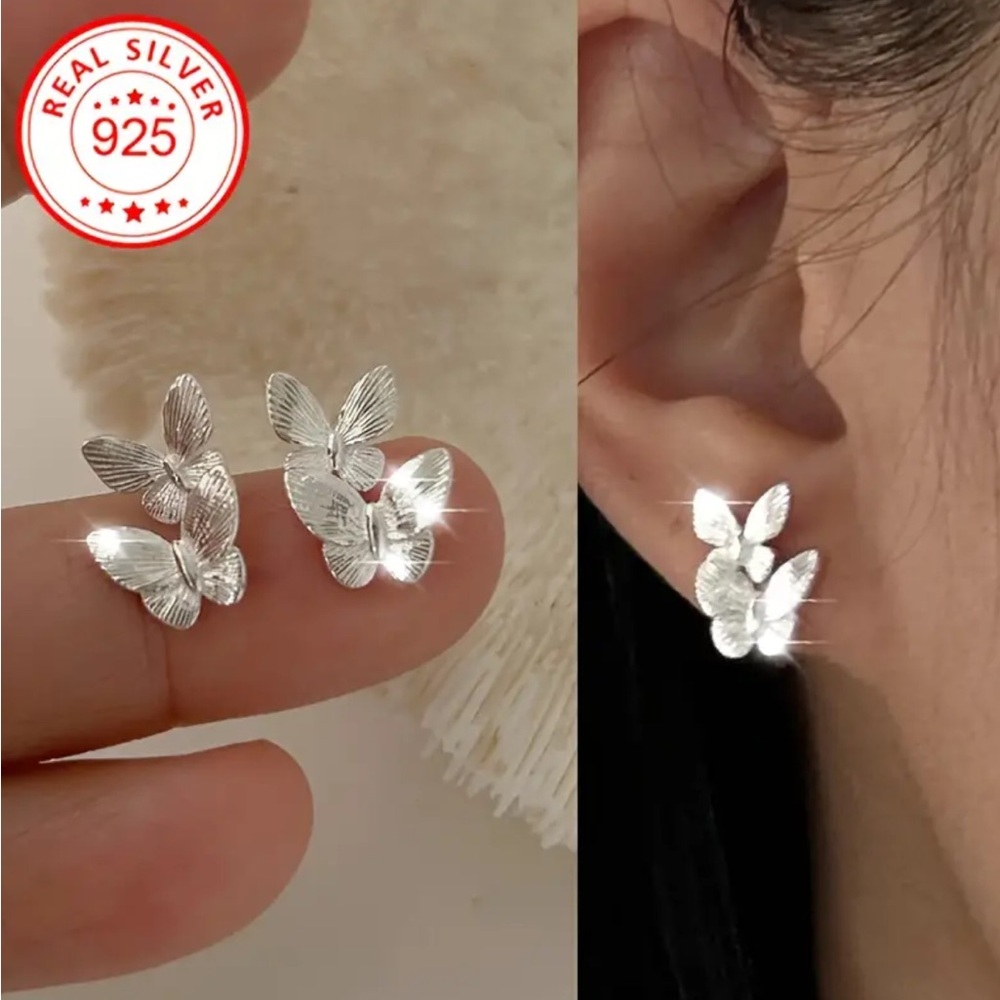 Sterling Silver Double Butterfly Stud Earrings - Picture 1 of 3